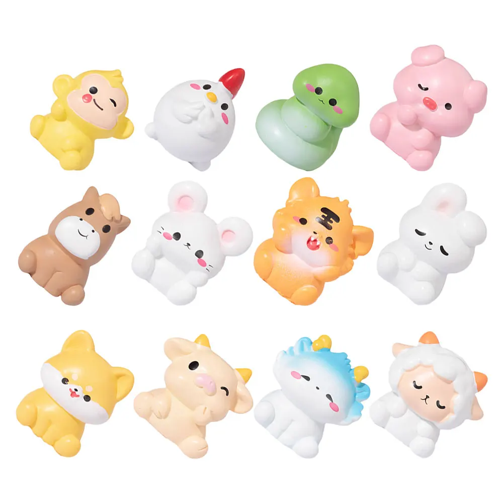 

12pcs Miniature Animal Figurines Resin Micro Landscape Decorations Tiny Things Garden Desk Accessories Cow Tiger Rat Statues