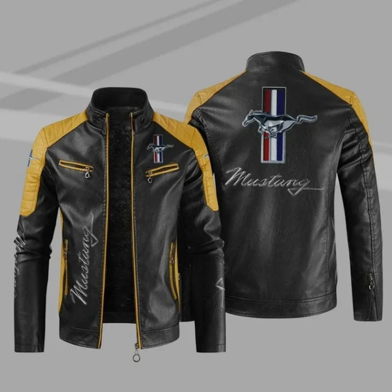 Leather Jacket Mustang Logo Men Winter Fleece Motorcycle PU Leahter Jacket Male Stand Collar Casual Windbreaker Ropa De Hombre S