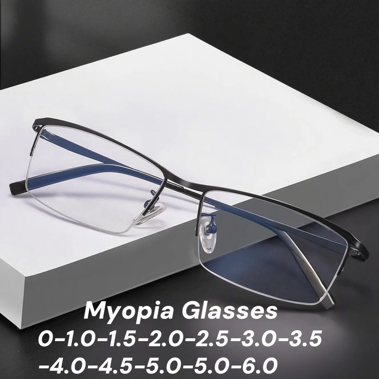 

New Men's Myopia Glasses Metal Half Frame Anti Blue Light Glasses Fashionable Square Frame Ultra Light Finished Myopia Glasses