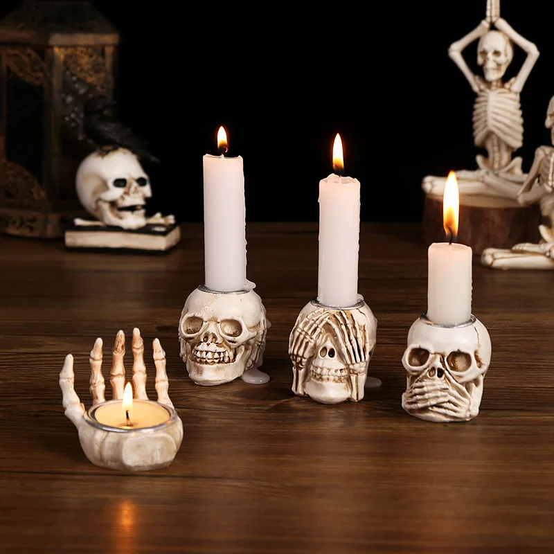 Halloween Skull Candle Holder Resin Candlestick Ornament Halloween Party Home Desktop Decoration Gift Haunted House Horror Props