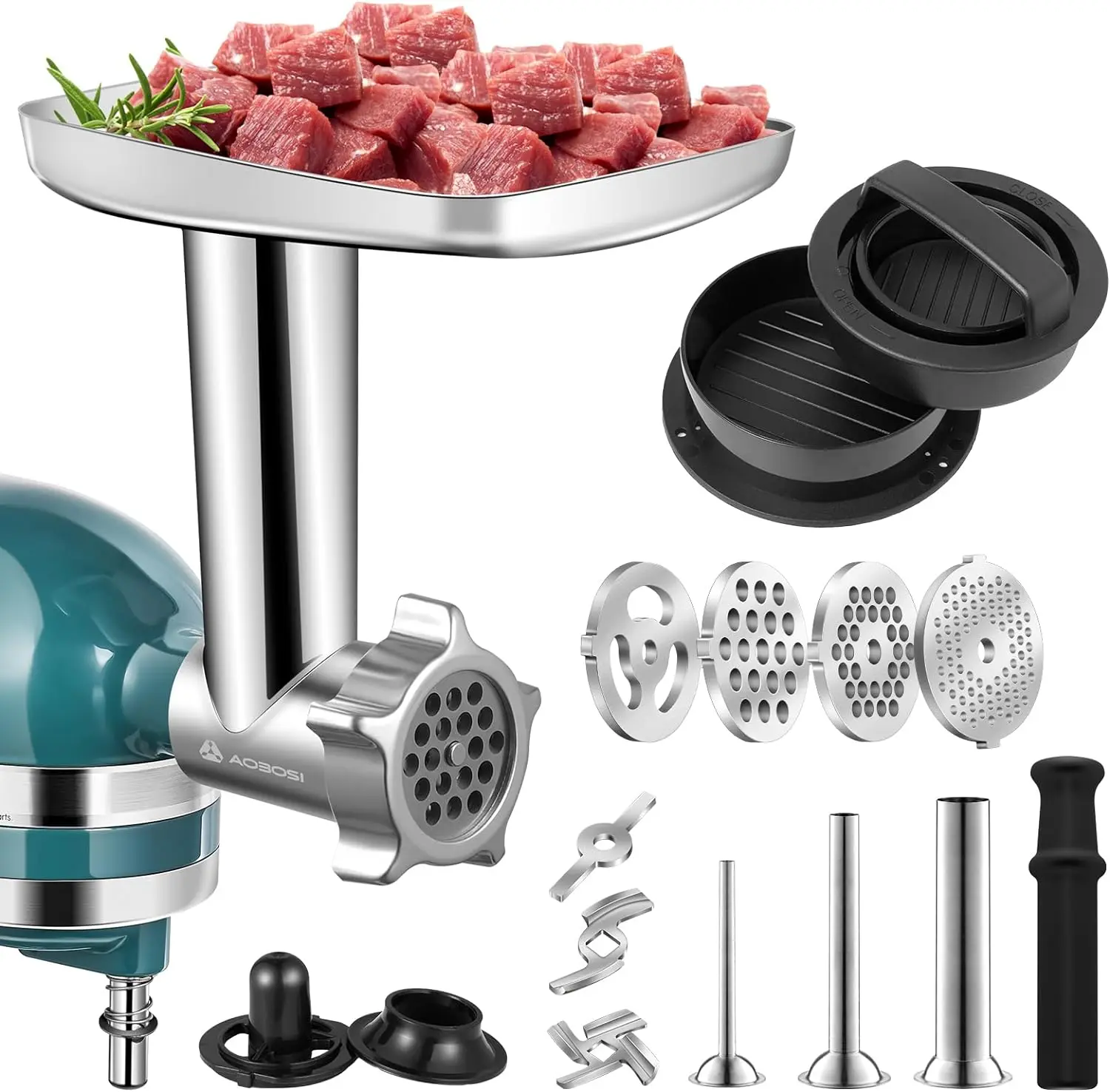 

Meat Grinder Attachment for KitchenAid Stand Mixer, Include 2 Grinding Blades,4 Plates,3 Sausage Kubbe Kit, Burger Press Holder
