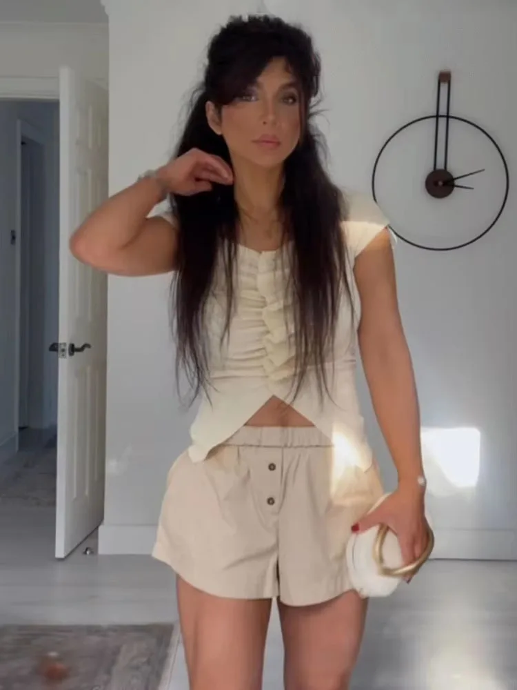 

HH Women's Simple V-neck Single-Breasted Pleated Decorative Slim Knitted Top Female Sexy Elegant Sleeveless Short Top Mujer