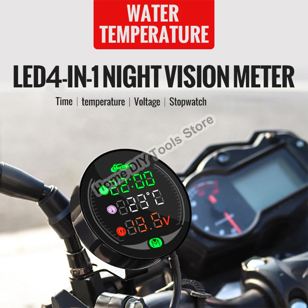 DC 9-24V 4 In 1 Water Temperature Meter Time Voltmeter Waterproof LED Digital Display Multifunctional Night Vission Voltmeter