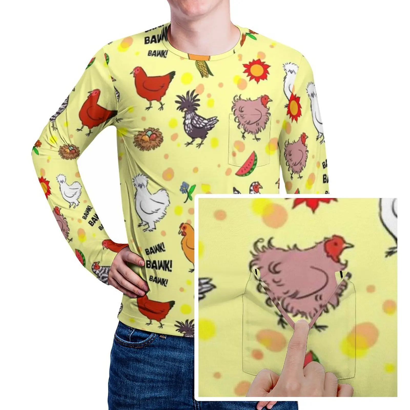 Cute Animal T-Shirt Male Cartoon Chickens Pattern Classic T-Shirts Spring Harajuku Tee Shirt Long Sleeve Oversize Clothing