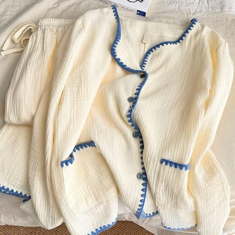 

Новый корейский стиль, милый комплект с длинными рукавами и длинными брюками, сексуальная пижама, минималистичная одежда для сна, женская весна-осень 2025 года, домашний костюм больших размеров