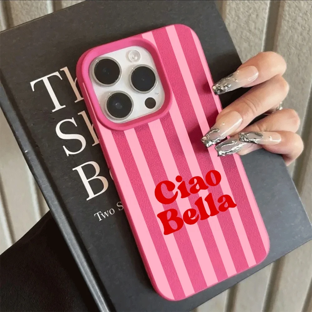 Ins Style Ciao Bella Rosa Gestreifte Handyhülle für iPhone 17 16 15 14 13 12 11 Pro Max Plus X XR Silikon Matt Stoßfeste Hülle – Detail 12