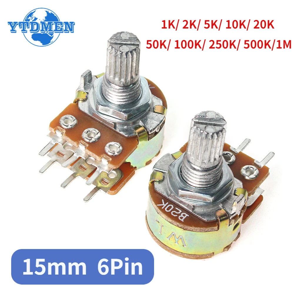 10PCS WH148 Potentiometer 6Pin 15mm Shaft Linear Potentiometers 10K B2K B5K B1K B20K B50K B100K B500K B1M with Nuts and Washers