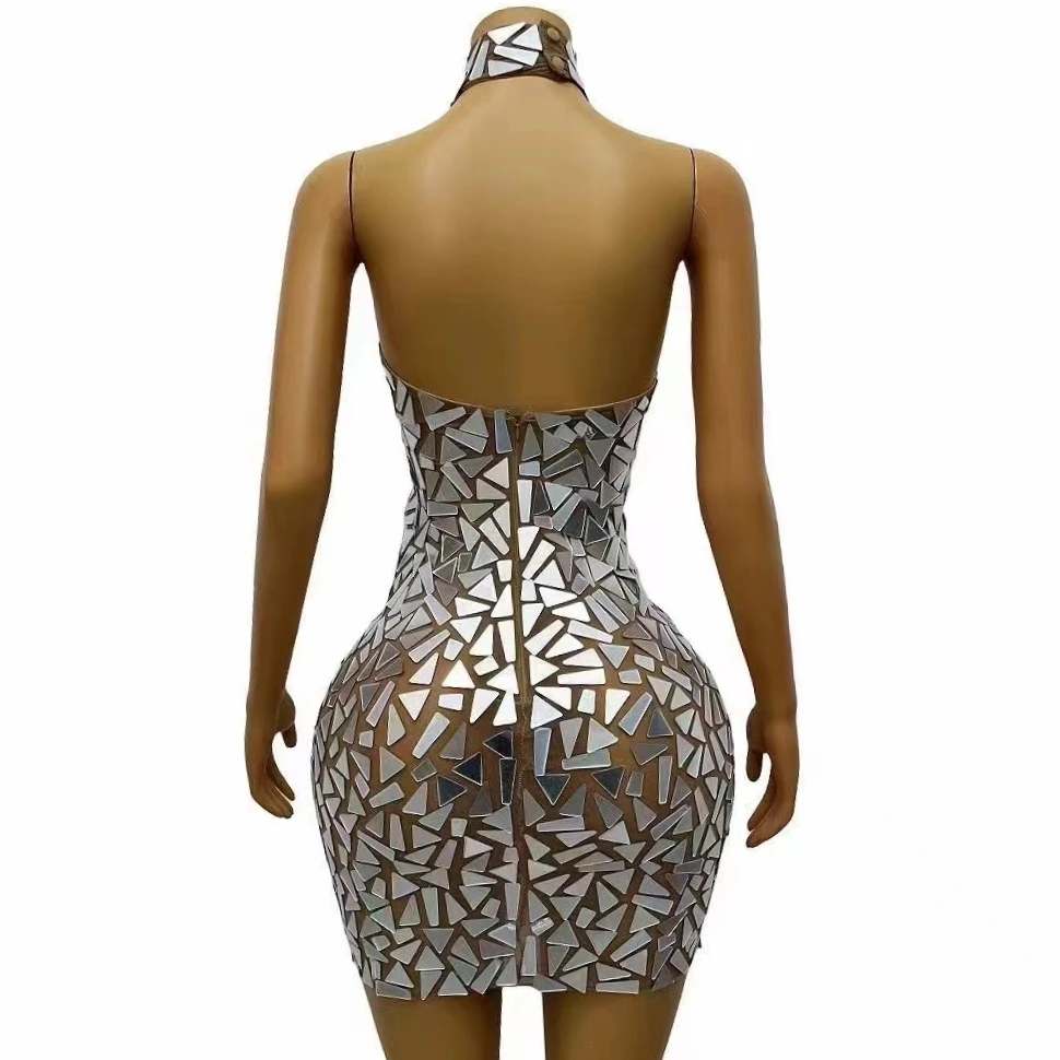 2023 New Fashion Sparkly Mirror Surface Women senza maniche Sexy Halter Mini Dress Evening Party Performance Costume Stage Wear