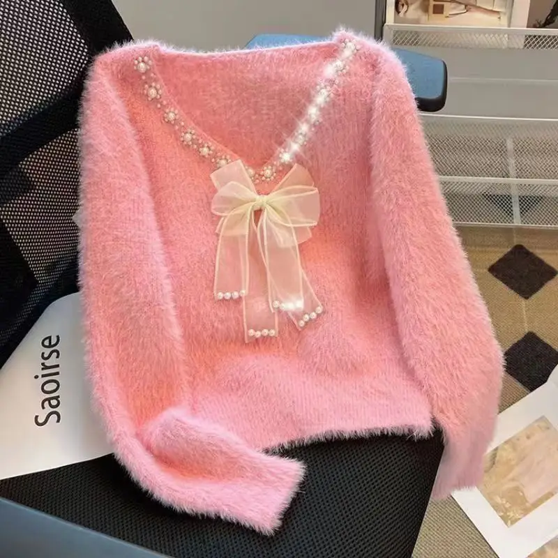 

Winter Fashion New Women's Elegant Knitted Cardigan with Nail Beads for Warmth Pullover V-neck Casual Warm Cashmere Sweater