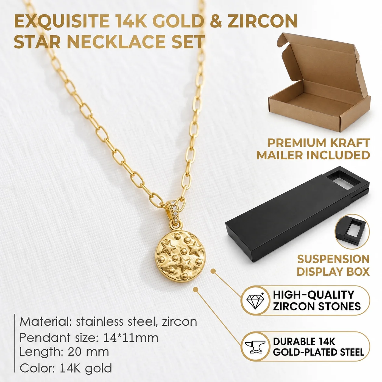Stainless Steel Tiny Star Round Disc Pendant Necklace for Women Paperclip Rope Minimalist Celestial Star Jewelry Gift