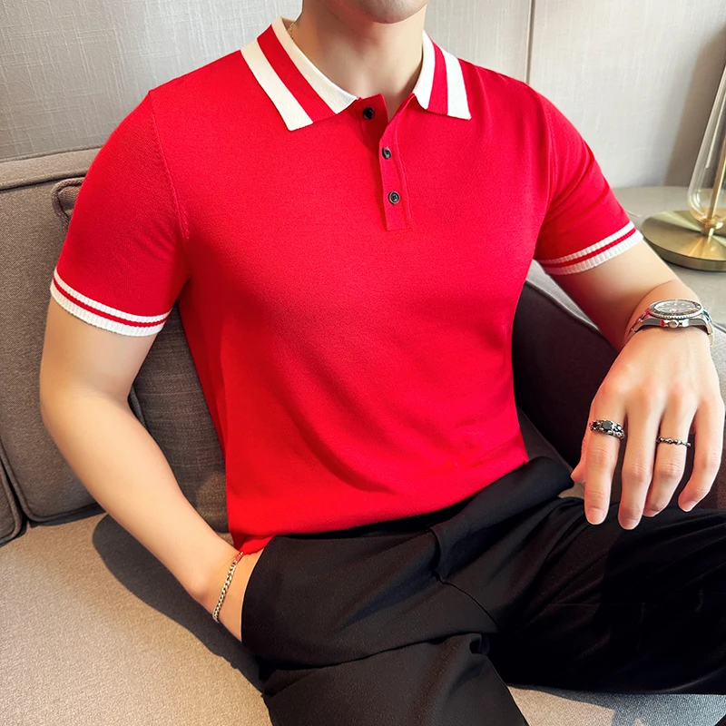 High Elasticity Men Short Sleeved Polo Shirt Summer Light Thin Fashion Casual Lapel Knitted T-shirt High-quality Men Clothing