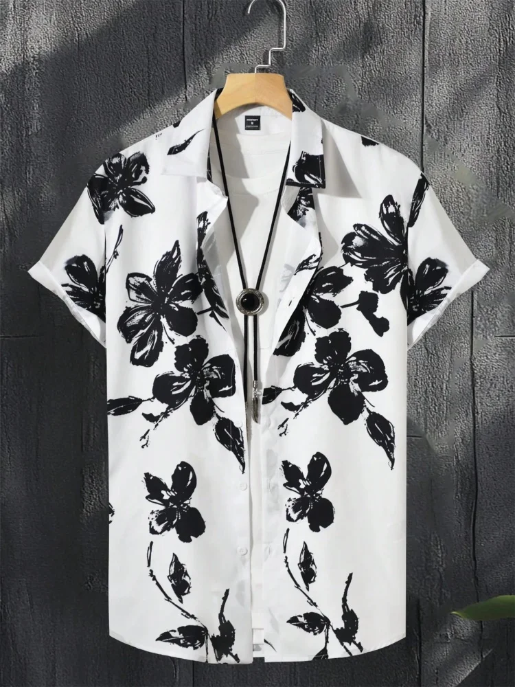 

Летняя мужская рубашка с короткими рукавами и белой основой, простой цветочный принт, однобортный лацкан, городская уличная мода и комфорт