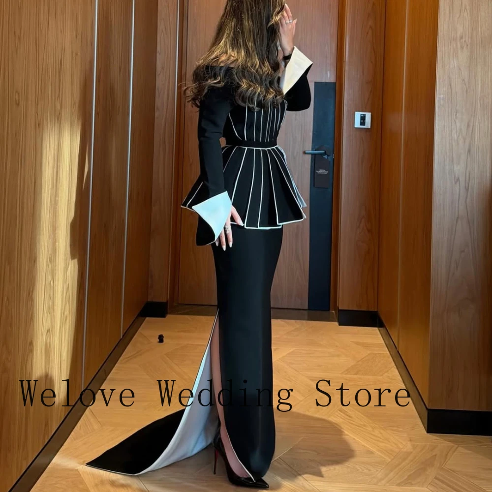 Evening Dress with Asymmetric Off-Shoulder Neckline White Piped Peplum Bodice Long Flared White Cuffs Front Slit Mermaid Skirt image 2