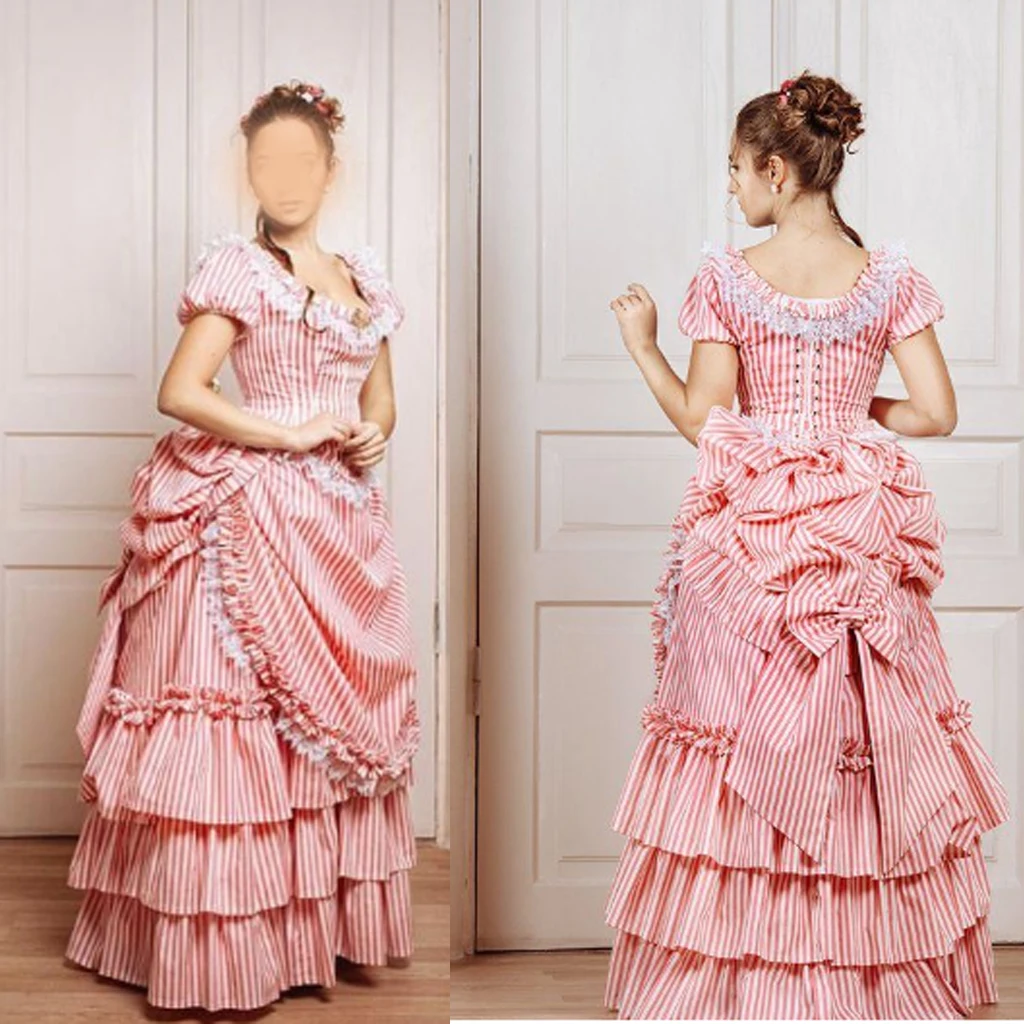 1860s Victorian Bustle Ball Gown Victorian Pink Striped Dress Vampire Dress Masquerade Ball Gown Renaissance Clothing