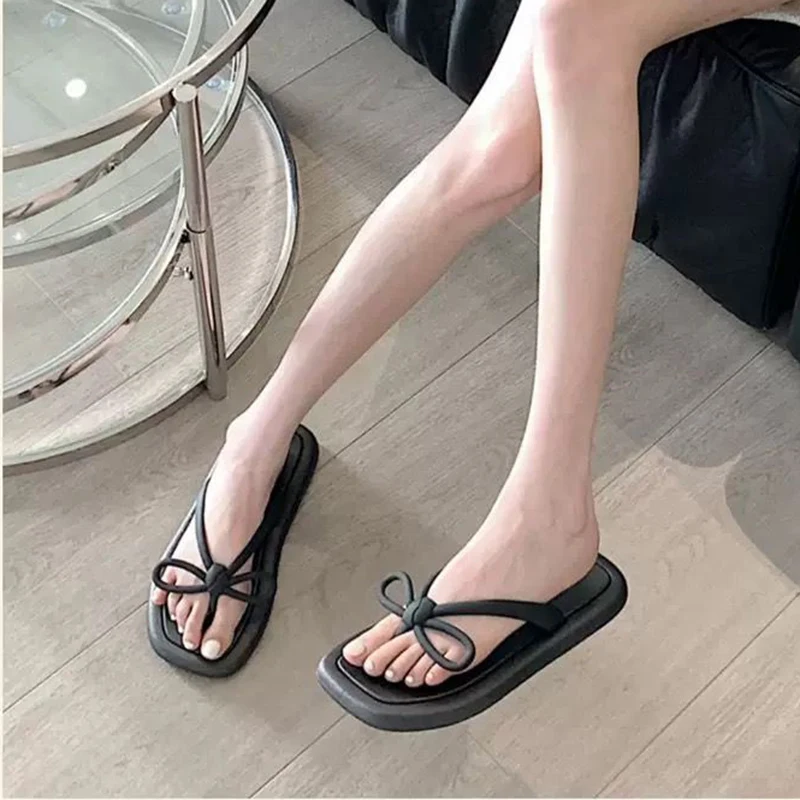 Bow Flip Flops Indoor Thong Slippers Women's Summer Soft Bottom Seaside Clip-on Outdoor Beach Sandal Slippers Comfy Shoes Female