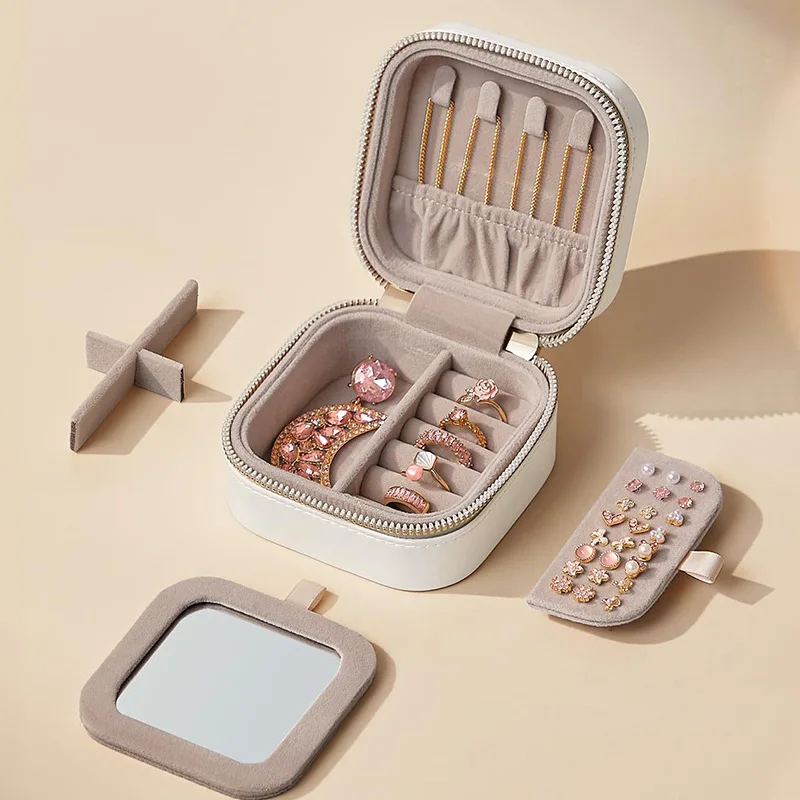 Double Storage Box Ring Earrings Organization Small Fine Grid Pattern Palm Zipper Bag Large Flap Leather Double Box