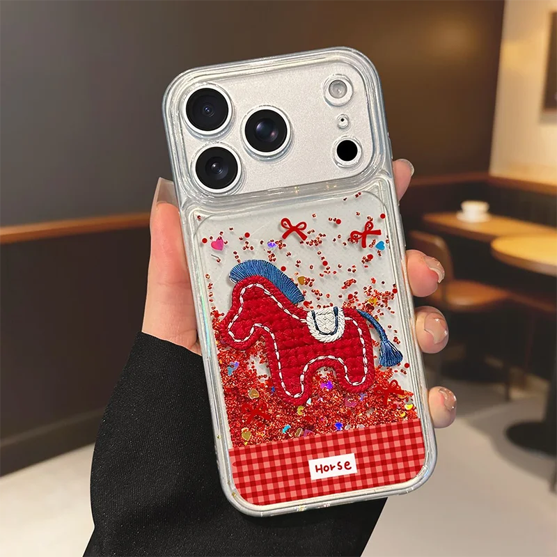 Cute Embroidered Pony Phone Case for iPhone 17 16 Pro 15 14 13 12 Pro Max Case Red Quicksand Horse Year 2026 Model