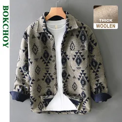 Autumn Winter New Vintage Loose Printed Wool Shirts for Men Clothing Cargo Big Pockets Men Shirts AZT738