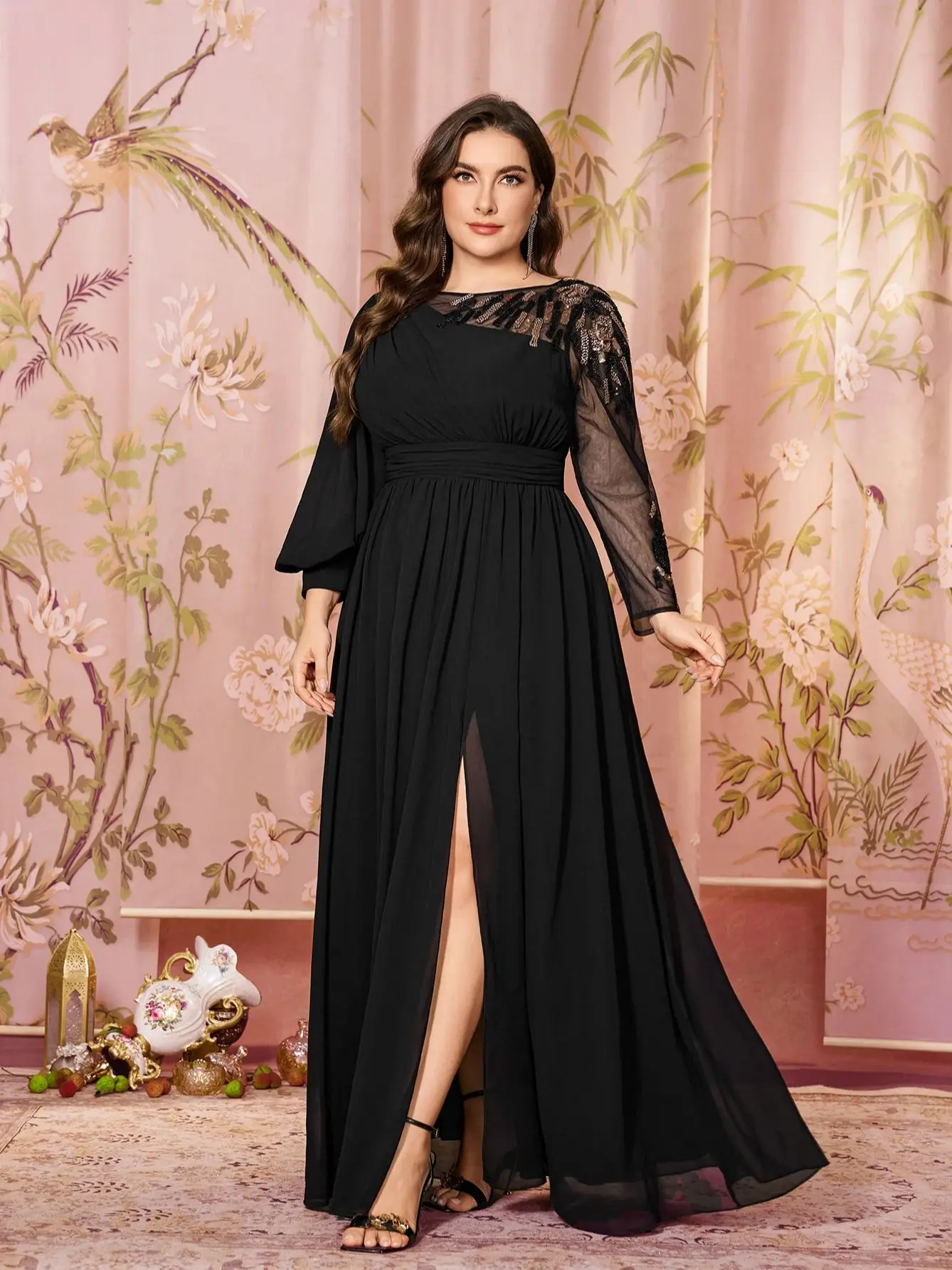 UNITHORSE Plus Size ronde hals asymmetrische lange mouw kralenborduurwerk fit flare afslankende avondjurk maxi-jurk voor dames - afbeelding 2