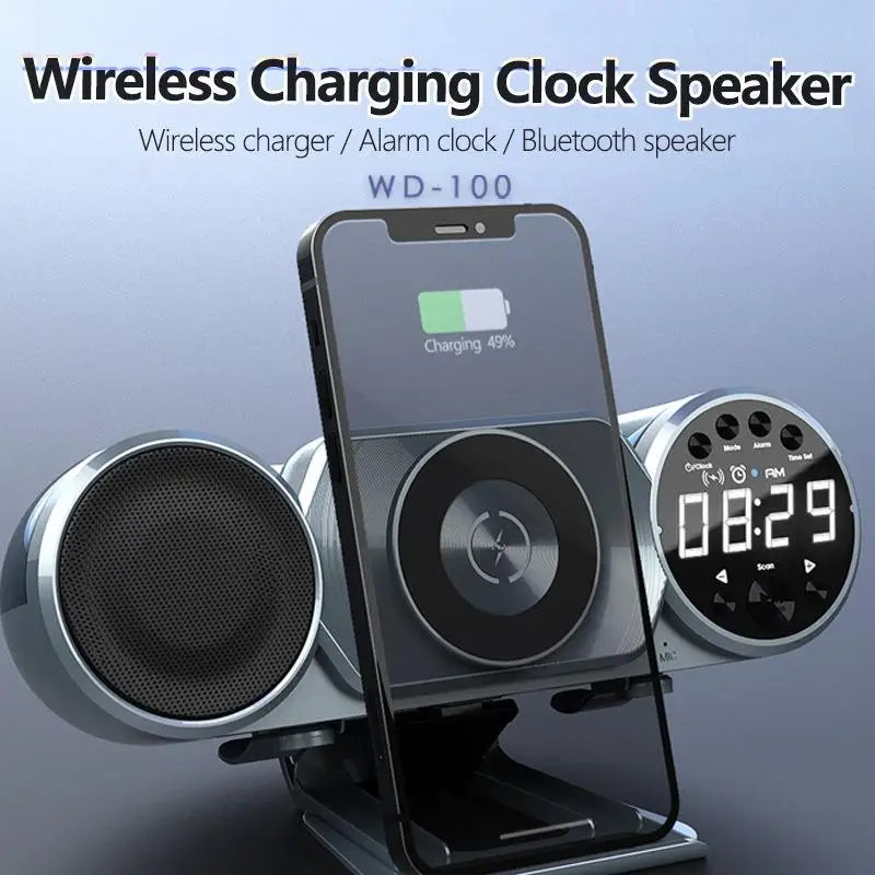 

2023 New Mobile Phone Wireless Charge Alarm Clock Audio Home FM Radio Speakers with RGB Night Light Music Bluetooth Speaker TF