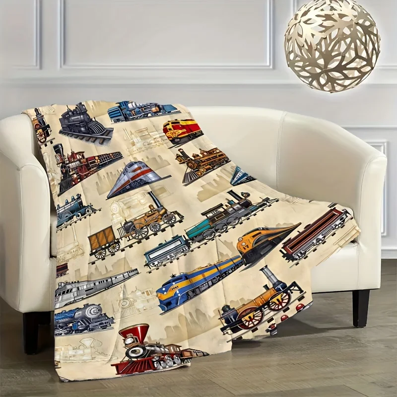 Vintage Train Throw Blanket Flannel, Allergy-Friendly, Tear-Resistant | Colorful Train Illustrations for Sofa, Bed, Office Nap