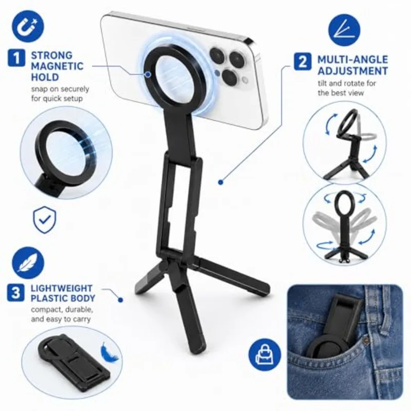 Foldable Magnetic Phone Tripod Stand Lightweight Pocket Handheld Phone Holder Adjustable Magnetic Snap‑on Ring Selfie Video