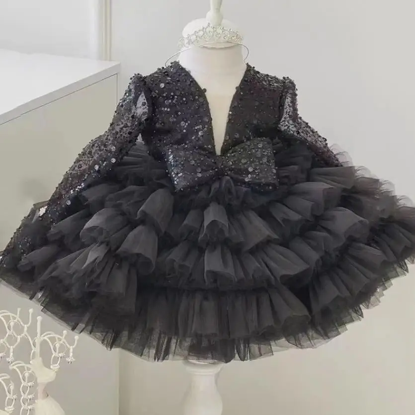 High-End Children's Princess Evening Gown Bow Sequine Design Kids Catwalk Wedding Birthday Baptism Eid Party Girls Dress A3453