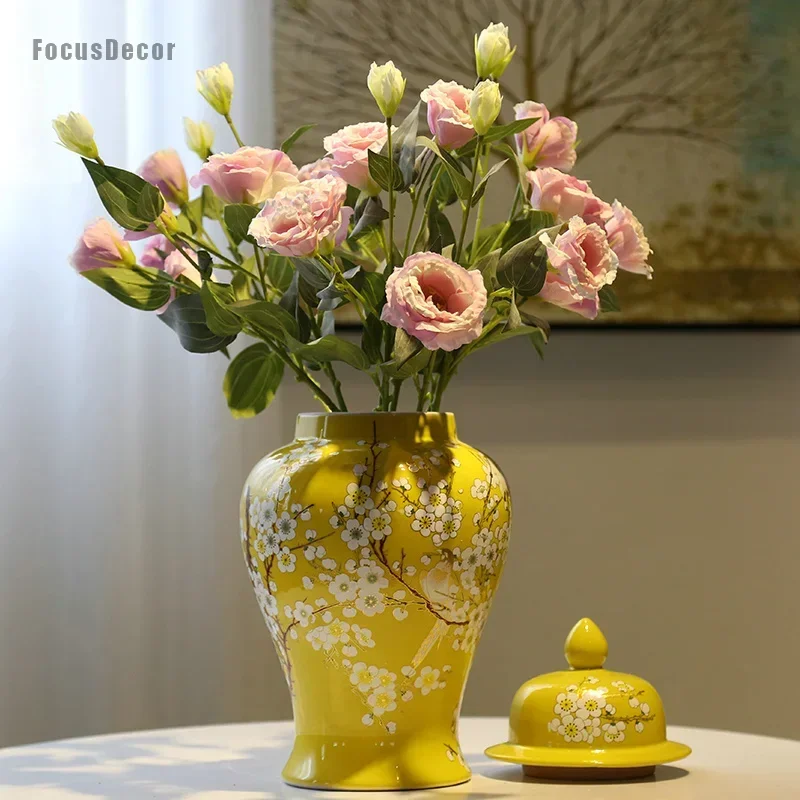 Flower Vase Yellow Temple Jar, White Plum and Bird Print, Decorative Designer, Large Ginger Jar, Tree Floral Ceramic Lidded