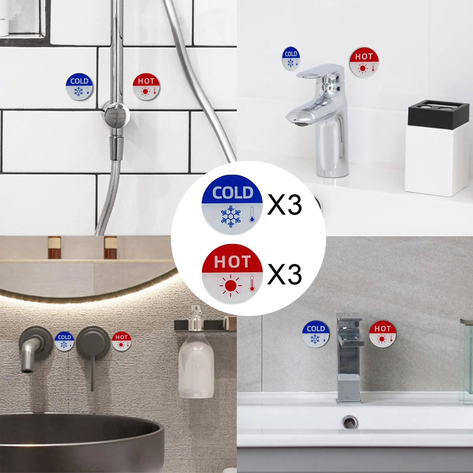 6x Hot and Cold Signs for Faucets Self Stick Round Durable Acrylic Hot and Cold