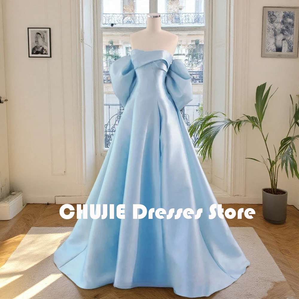 

Customized Sky Blue Short Puffy Sleeves Evening Dress Woman Modern Off the Shoulder Graceful Prom Dress Fashion вечерние платья