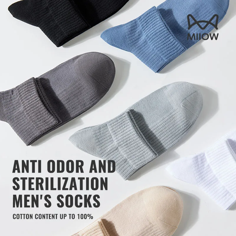 MiiOW 100% Pure Cotton Short Sock Men Antibacterial Sport Boat Ankle Sock Summer Anti Sweat Deodorant Breathable Business Sock