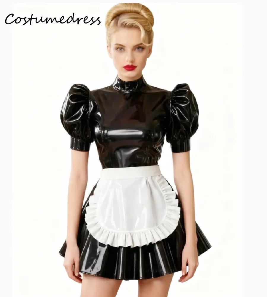 

Sexy Gothic Pvc Evening Dress High Neck Puff Sleeve Maid Dress With Apron Chic Mini Short Cosplay Prom Dress Halloween Costume