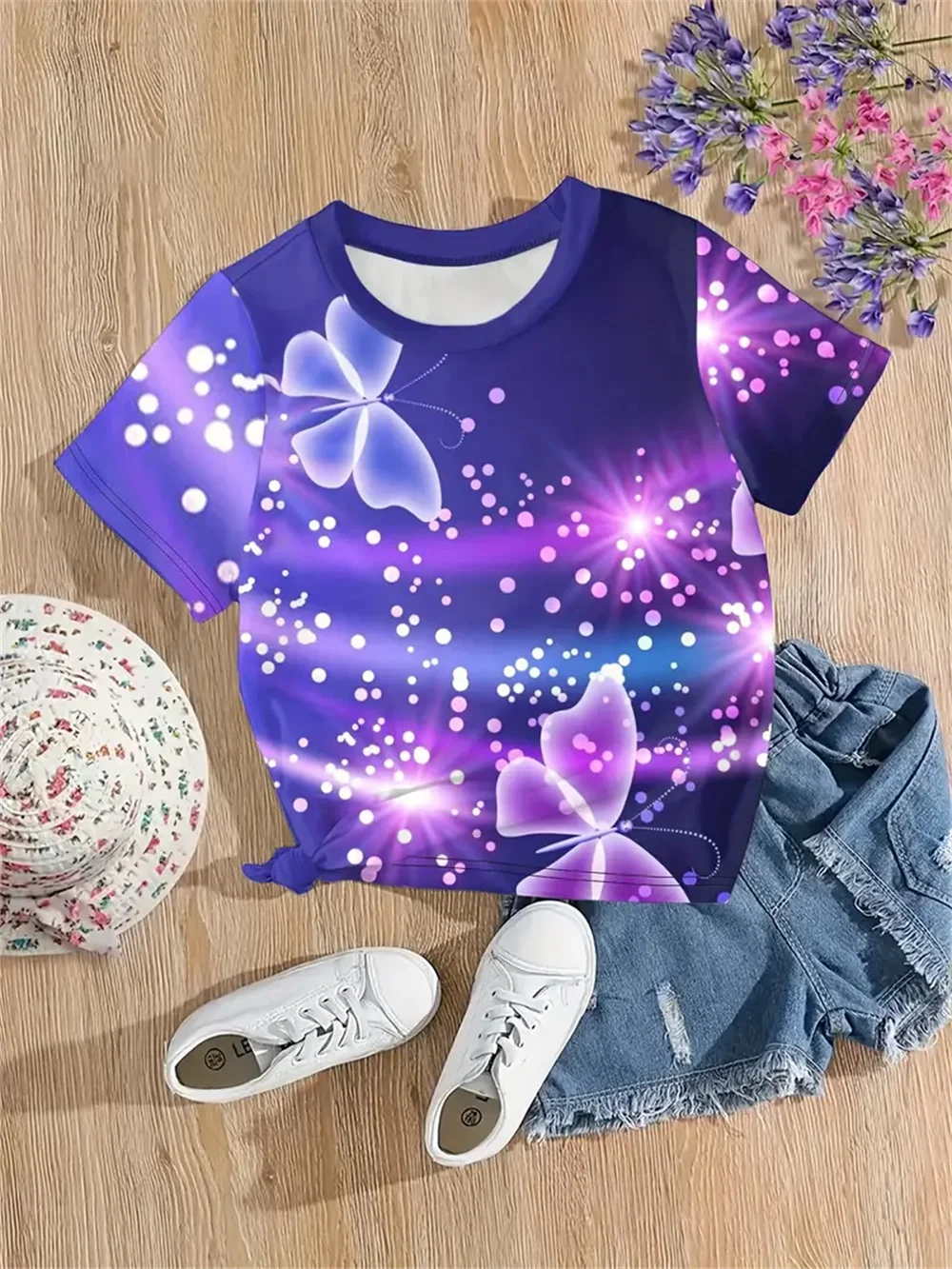 2025 Ropa para niñas, nuevas camisetas divertidas con estampado 3d de mariposas y animales para niñas, camisetas de manga corta a la moda para fiestas, camisetas informales