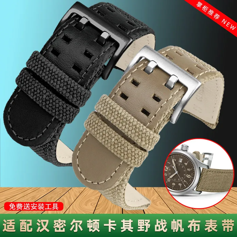Voor Hamilton H 70665533 /H 7054555   Wild battle Outdoors canvas horlogeband 20 22 mm Man Zwartbruin kaki Nylon koeienhuid horlogeband