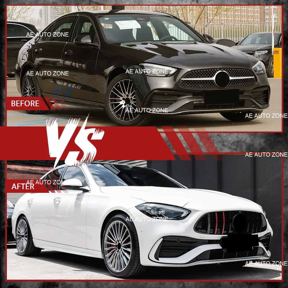 GT Front Grille Glossy Black W/ Red Stripes For Mercedes Benz C-Class W206 S206 2022-2026 C200 C220d C300 C400e C43 Grill W/Star