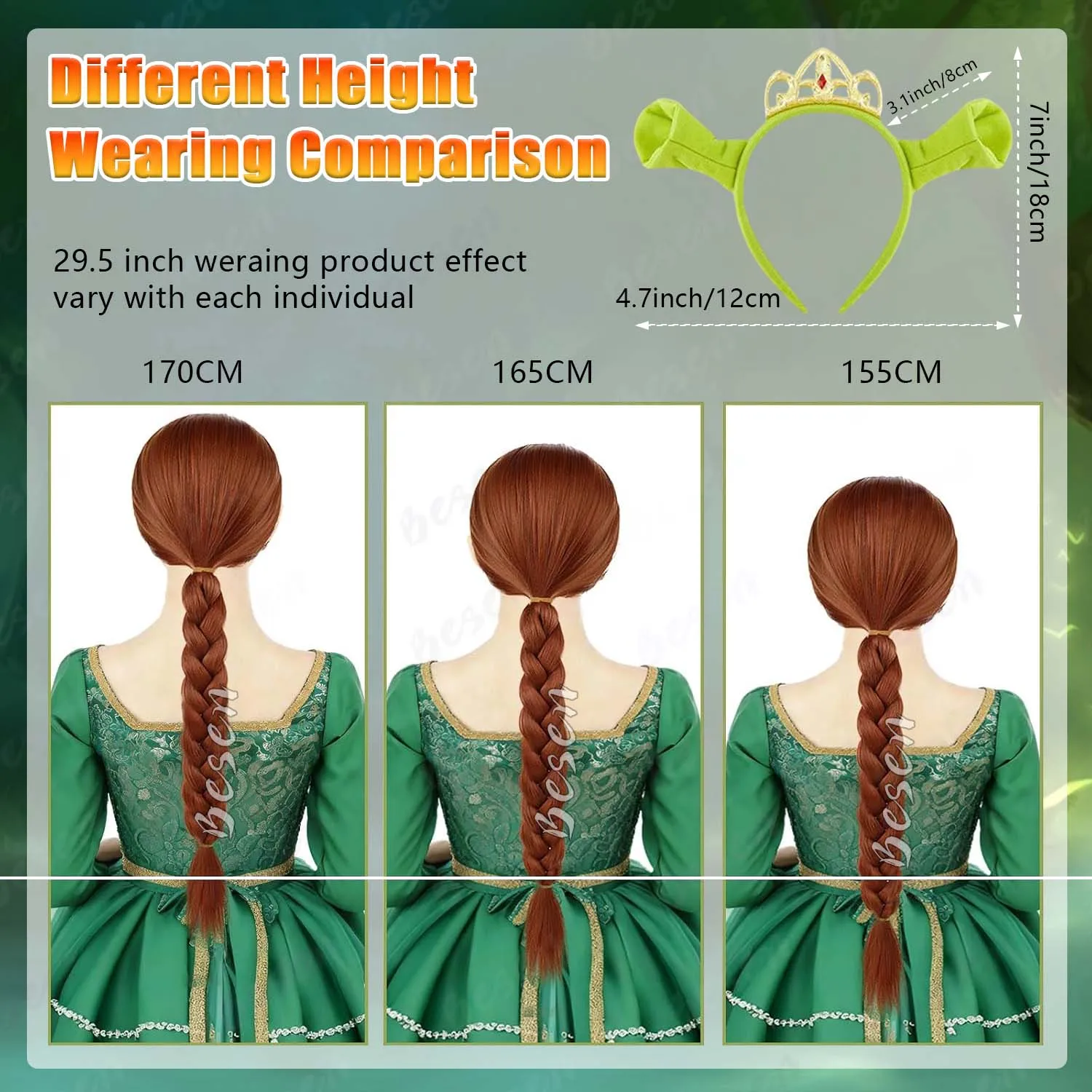 Synthetic Long Braid Reddish Brown Wig+Ogre Green Ears Headband with Princess Crown, Anime Fiona Wig for Halloween Cosplay Party - view 5