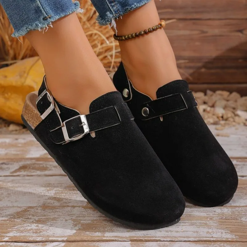 2026 Crestar Women's Suede Lady Fashion Buckle Leather Mules Comfort Cork Footbed Potato Shoes with Arch Support Beach Sandal