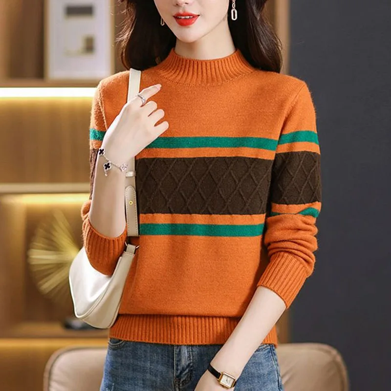 New Autumn and Winter Fashion Colorblock Stripes Half High Neck Loose Versatile Slim and Simple Commuter Knitted Women\'s Sweater