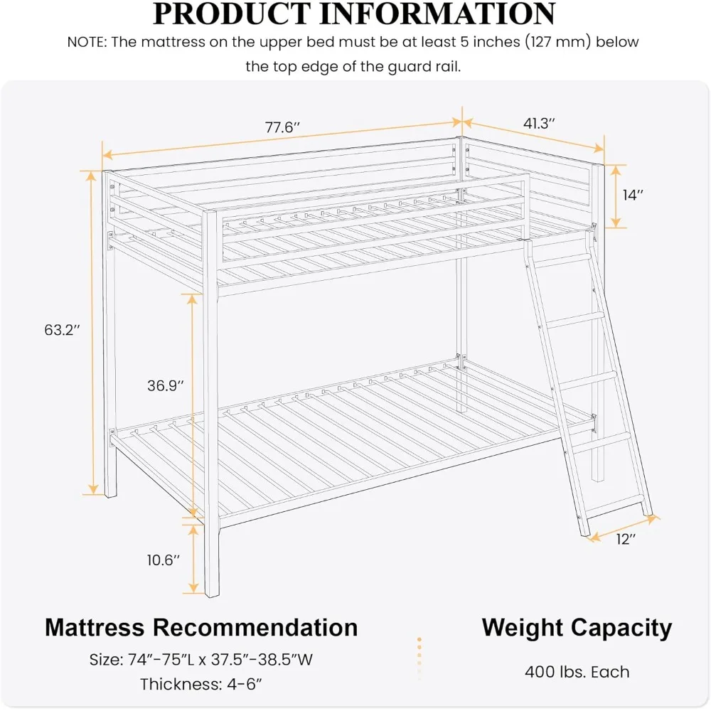 Double double metal bunk bed for teenagers, with inclined staircase and full length guardrail, easy to assemble, black