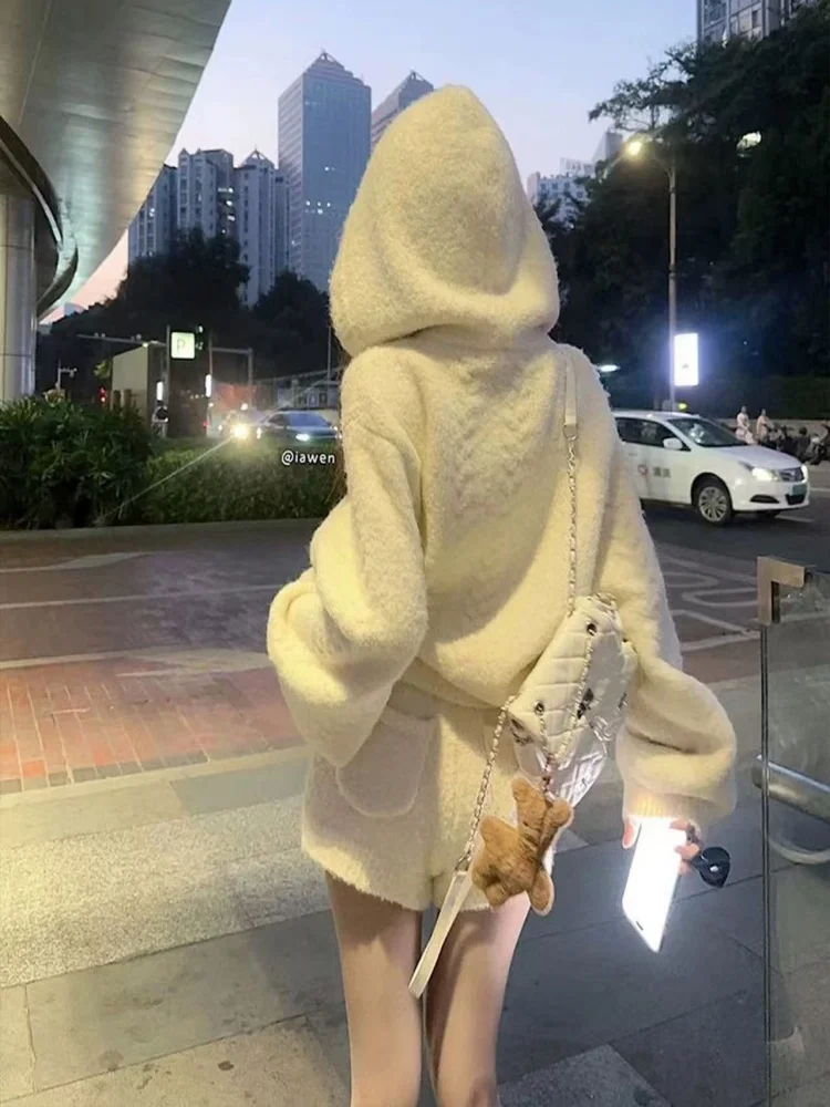 Sweet Cute Loose Knitted Hoodie And Shorts Set Women's Autumn Winter Fashion Casual High Waist Short Pants Two Piece Suit image 4