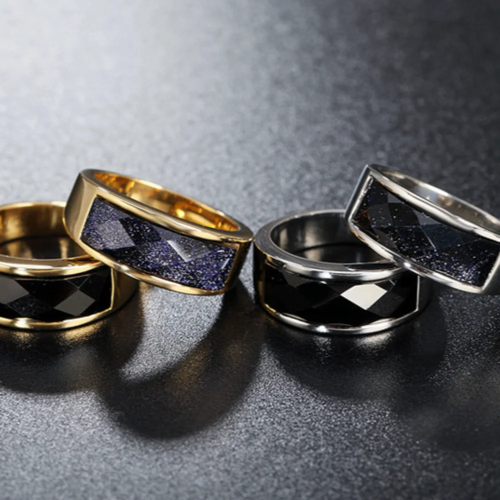 

High Quality White/Blue/Black Semi Precious Stone Ring for Men Women Ladies Stainless Steel Party Accessories