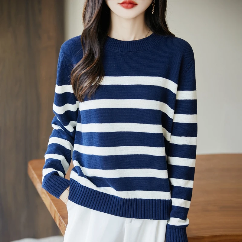 المرأة 100% القطن الخالص س الرقبة البلوز سترة الخريف والشتاء محبوك سترة مخططة فضفاضة وعصرية المرأة