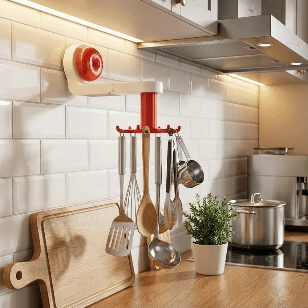 Rotatable Kitchen Rotating Hook Six-Claw with Suction Cup Suction Cup Hook Space-Saving Spatula Storage Rack Cabinet
