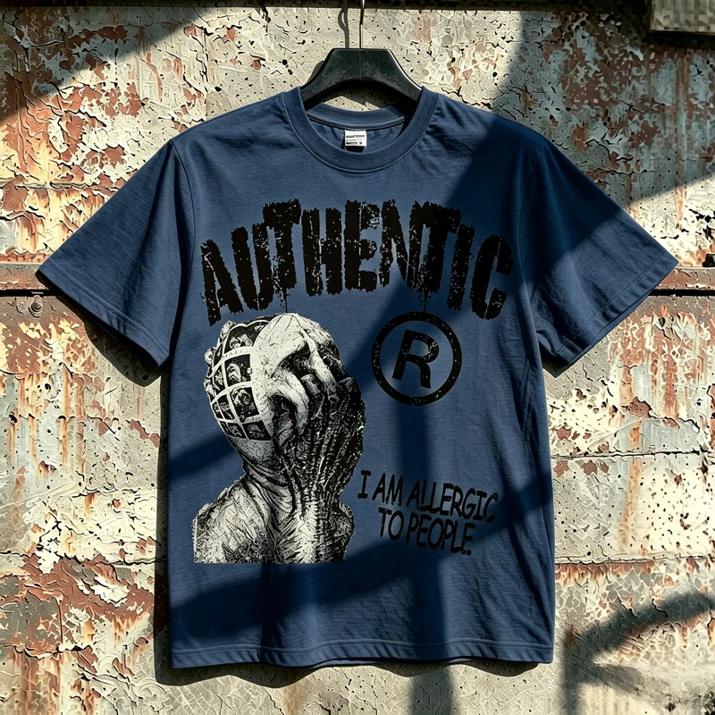 Vintage Dark Grunge Monster Letter Graphic T Shirt Unisex “I Am Allergic To People” Slogan Short Sleeve Casual Streetwear Cotton