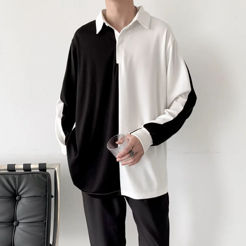 Men's Clothing Contrasting Colors Polo Shirts Korean Fashion Patchwork Spring Autumn Long Sleeve Casual Lapel Loose T-shirts New