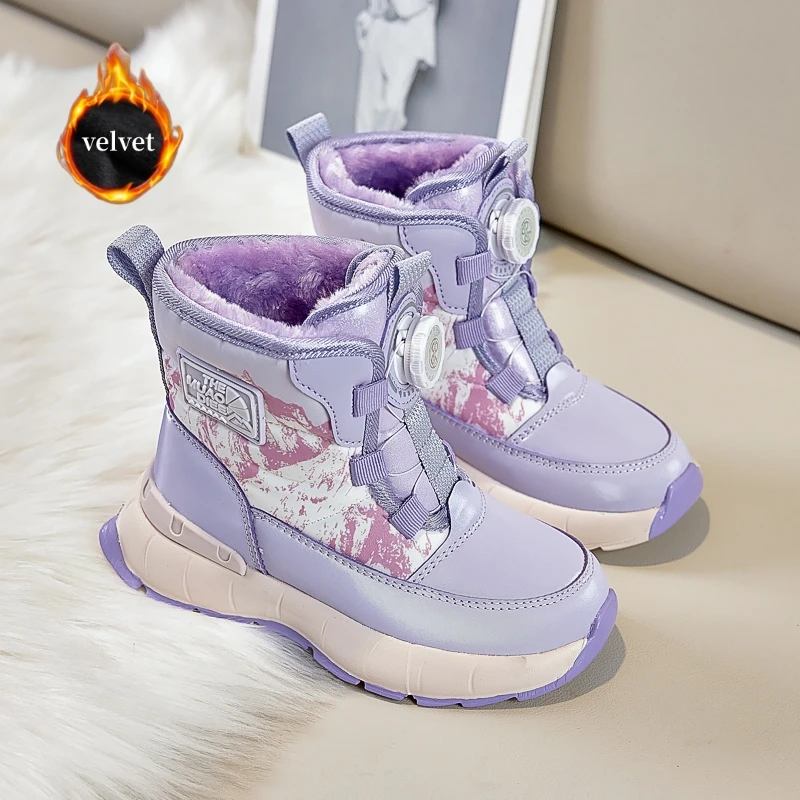 

Winter Children's Snow Boots Rotary Buckle Outdoor Warm Plush Kids Ankle Boots Trend Purple High Top Cotton Shoes For Girls Boys