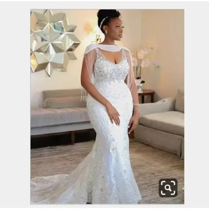 Customized New Design Tassels Bride White Plus Size Mermaid Muslim Custom Made Bridal Wedding Dress Gown Lace 2024