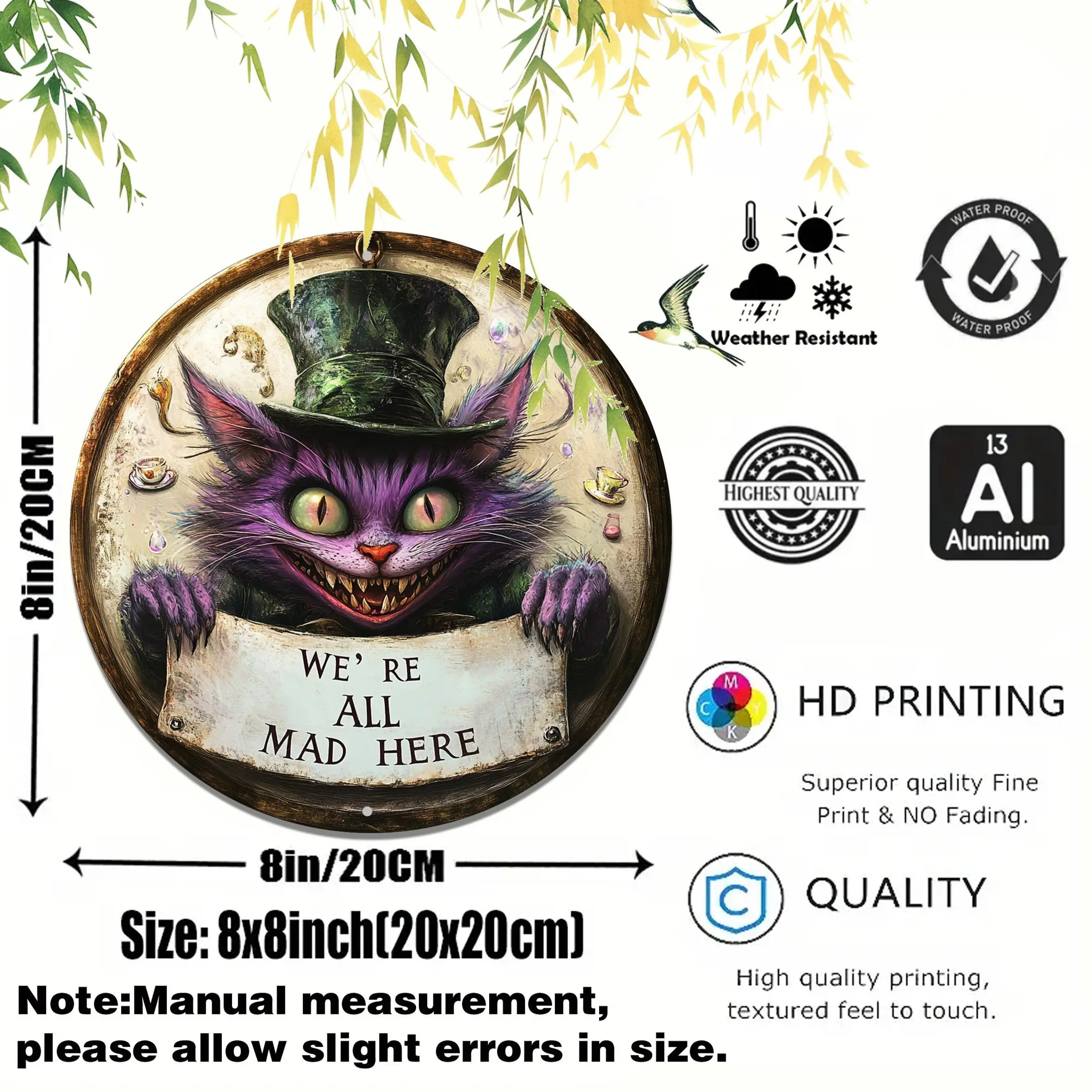 [2D Flat] 1pc Cheshire Cat Whimsical Metal Wall Art - Vintage Round Aluminum Sign with "We're All Mad Here" Design, Purple Creat view 2