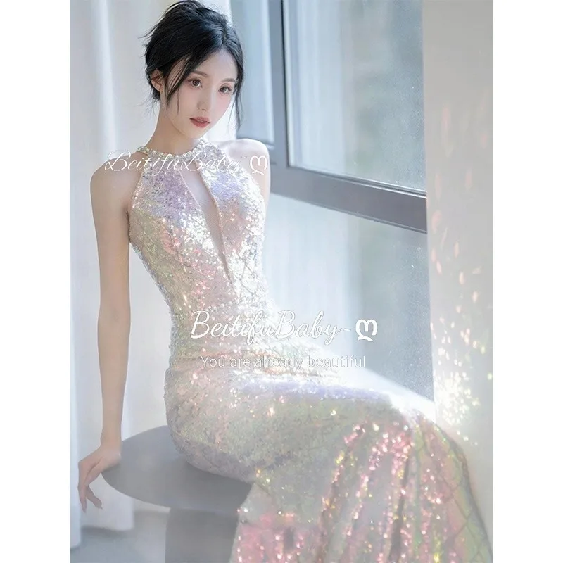 BeitifuBaby Vintage Women Evening Party Dress Halter Backless Sleeveless Elegant Pearl Bow Decoration Sequins Fishtail Skirt