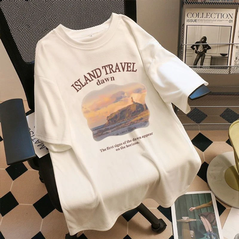 2024 New Summer American Lazy Style Fashion Trend Round Neck Personalized Print Loose Casual Versatile Shoulder T-shirt